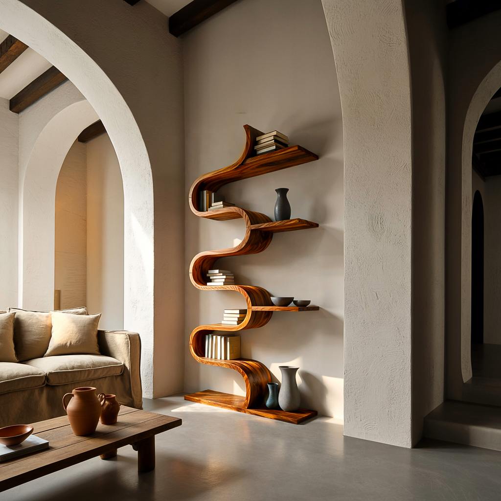 Modern Sculptural Wooden Wave Bookshelf For Living Space