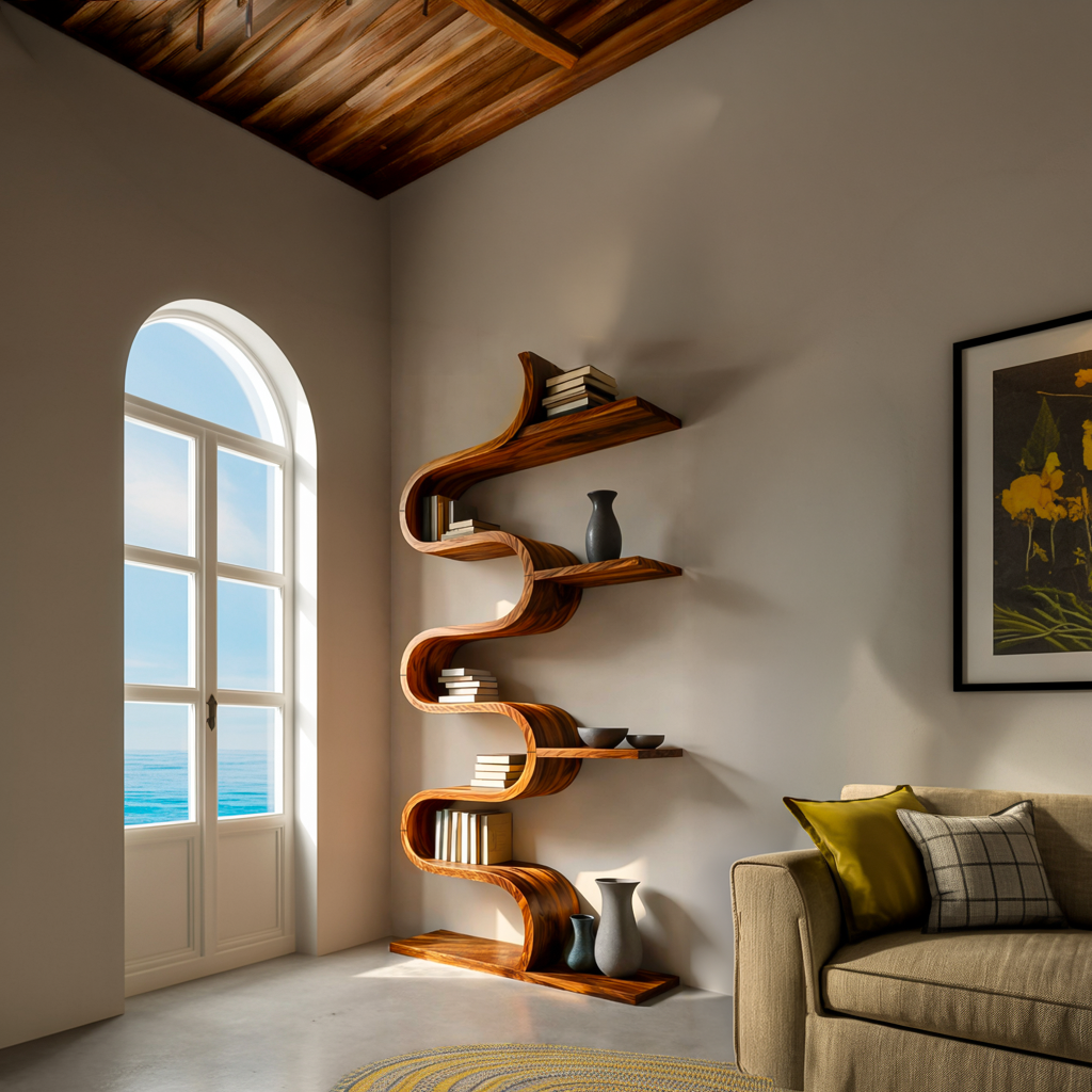 Modern Sculptural Wooden Wave Bookshelf For Living Space