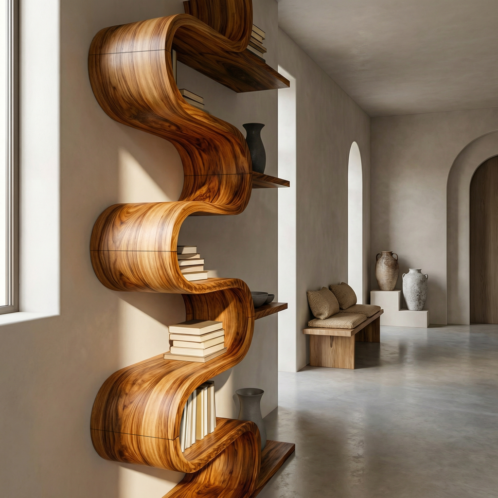 Modern Sculptural Wooden Wave Bookshelf For Living Space