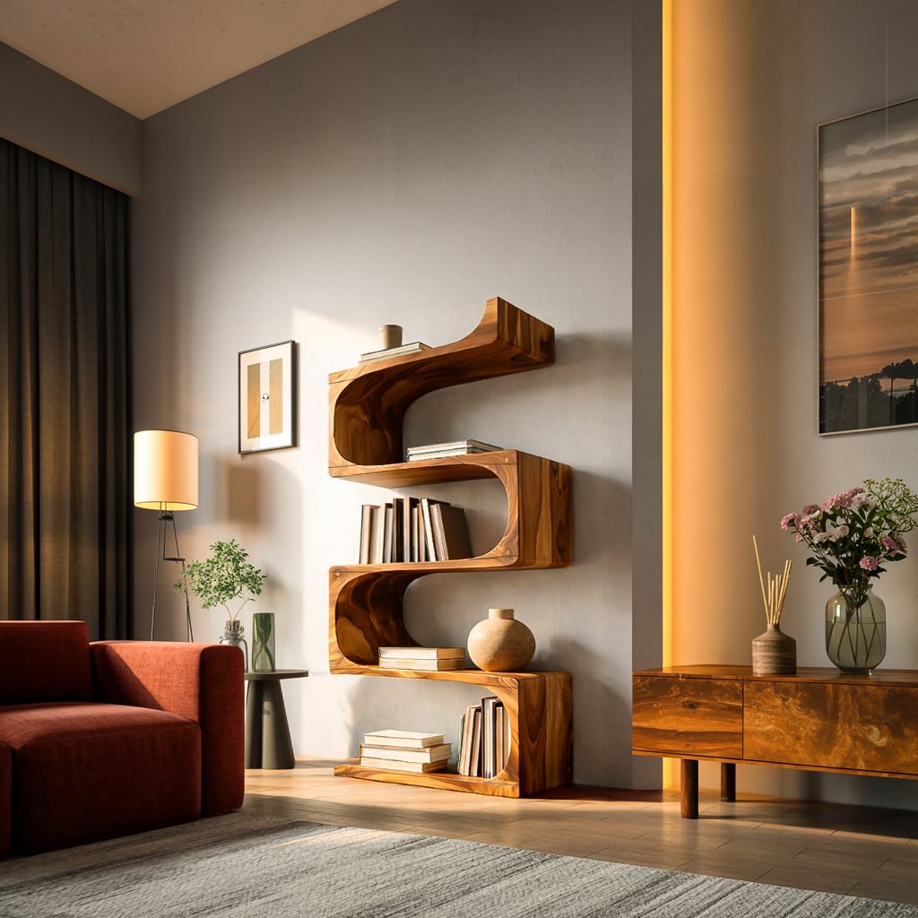 Modern Wooden Flowing Carved Bookshelf For Living Room