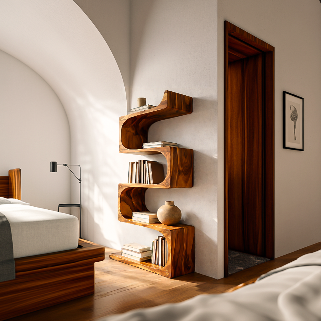 Modern Wooden Flowing Carved Bookshelf For Living Room