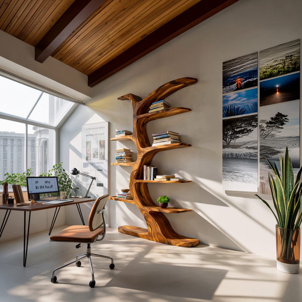 Modern Bookshelf Tree Inspired Curved Design For Living Room