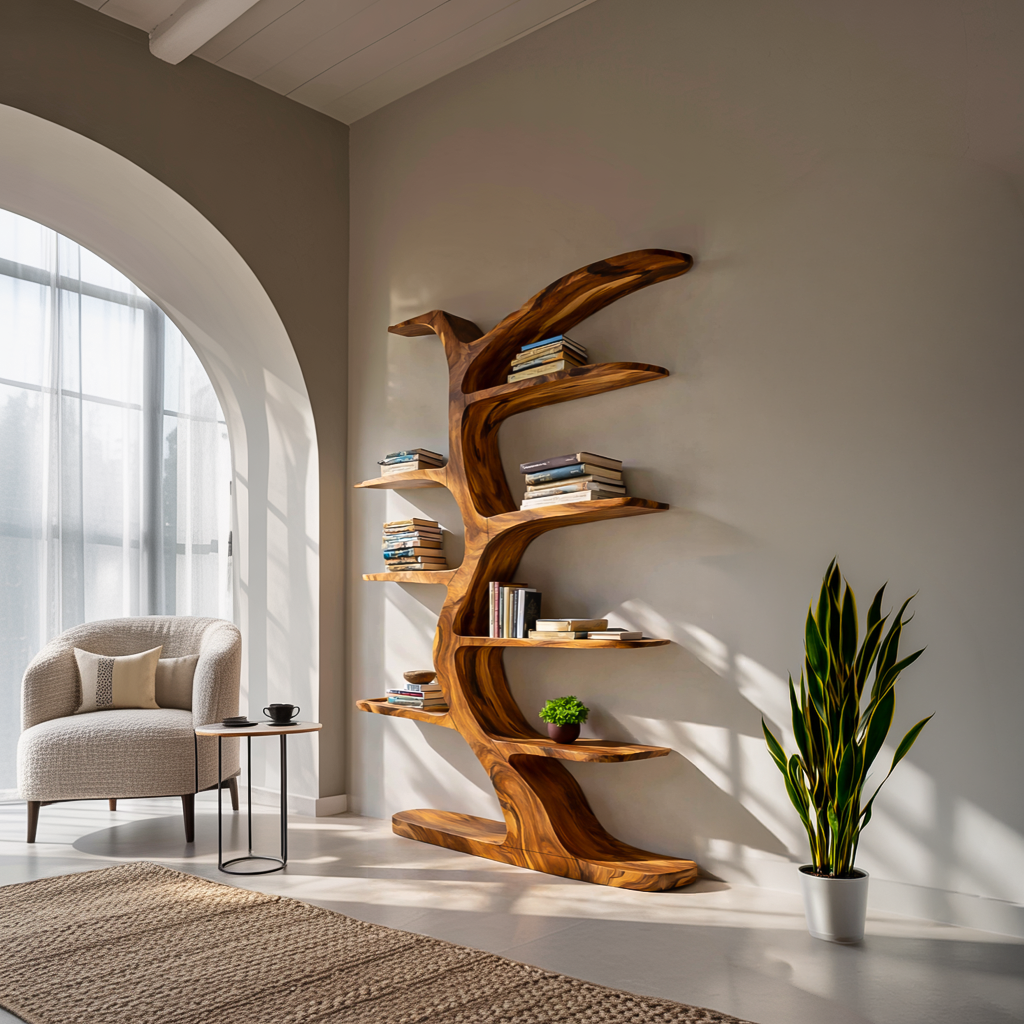 Modern Bookshelf Tree Inspired Curved Design For Living Room