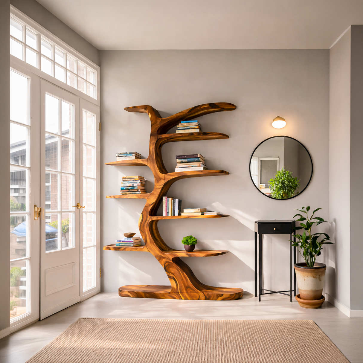 Modern Bookshelf Tree Inspired Curved Design For Living Room