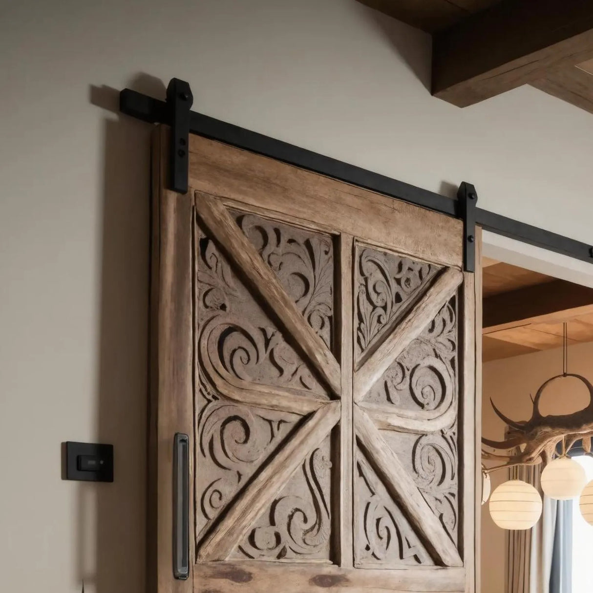 Rustic Sliding Door With Carved Floral Panels For Room Divider