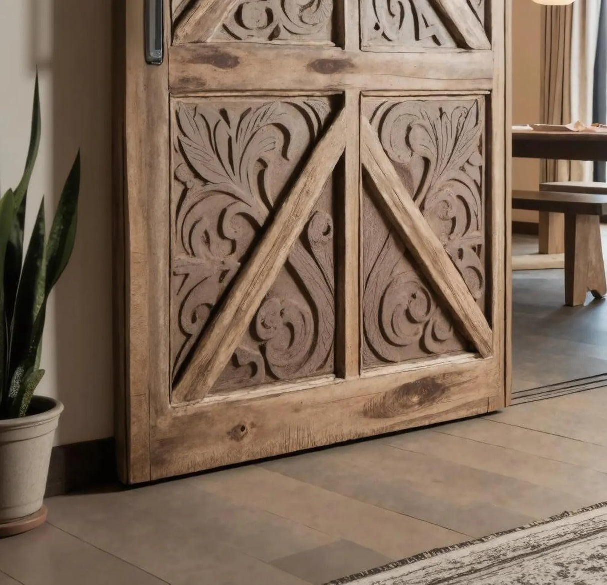 Rustic Sliding Door With Carved Floral Panels For Room Divider