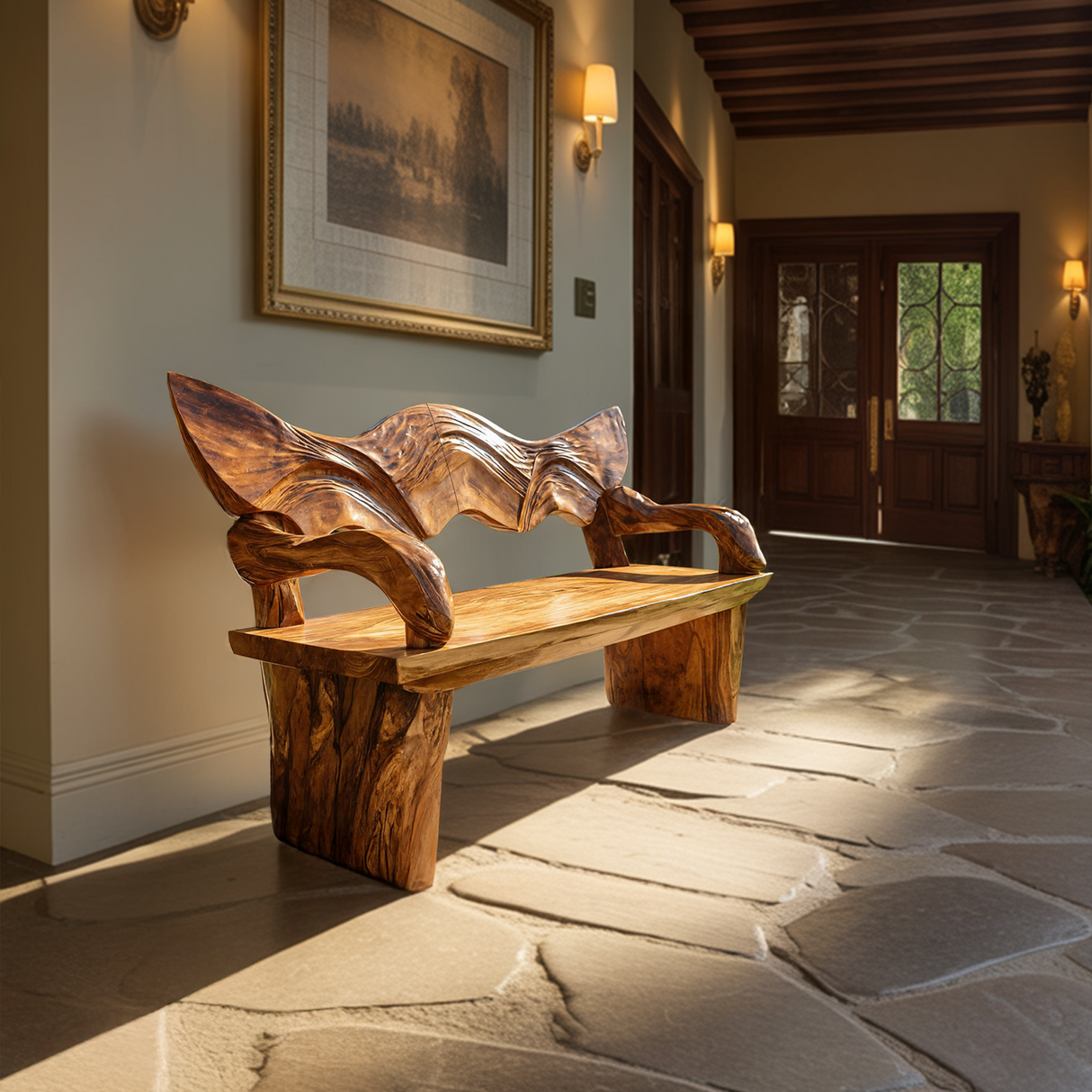 Rustic Live Edge Wood Bench For Entryway Interior Space
