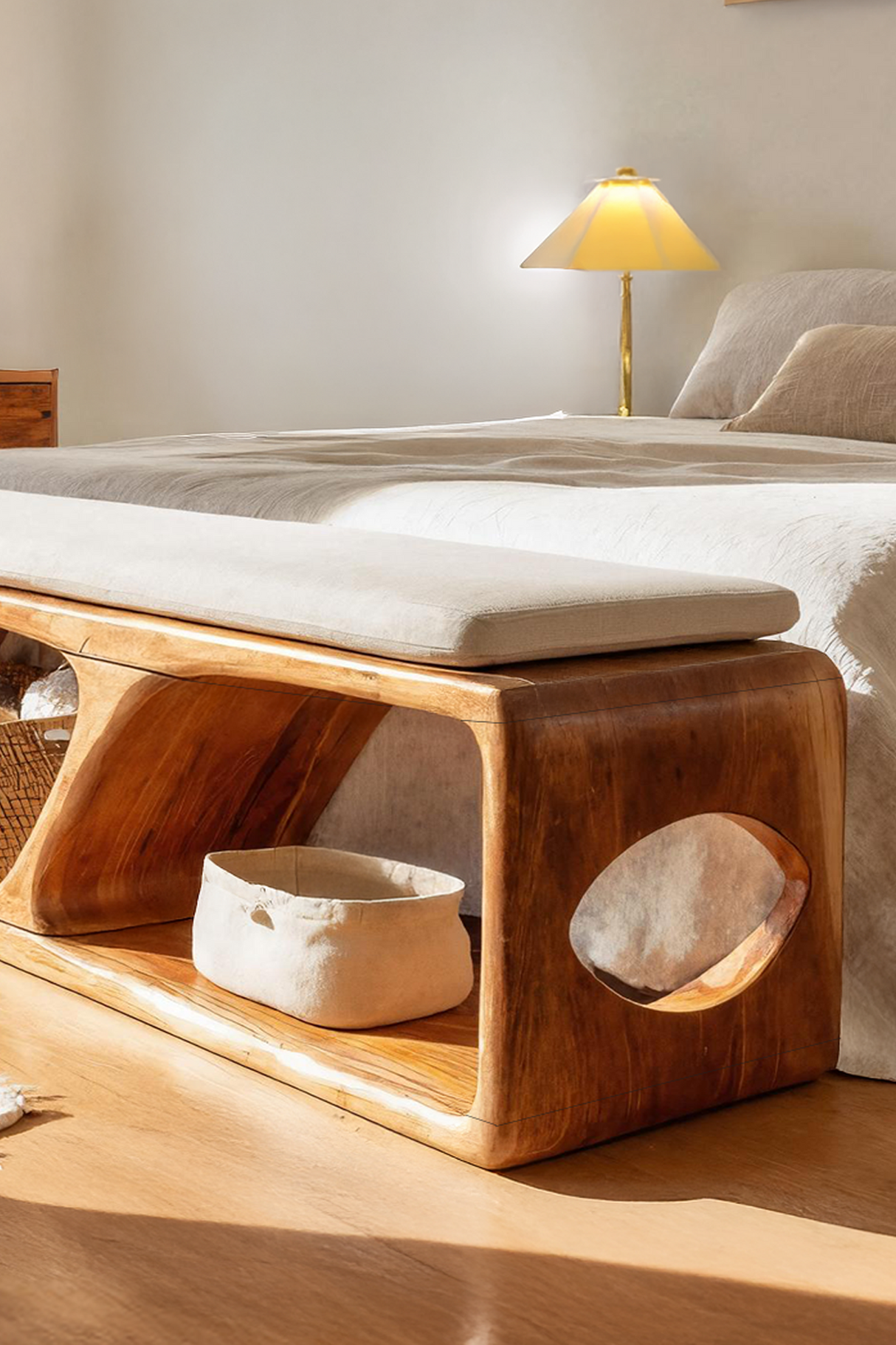 Mid Century Wood Bench For Warm Interior Spaces