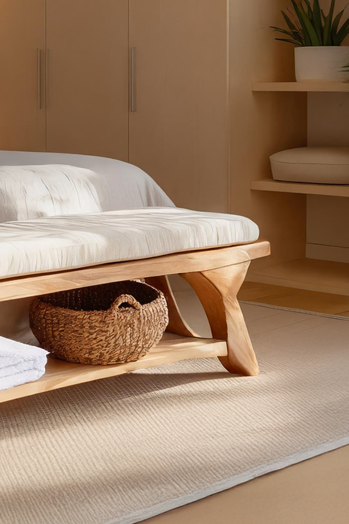 Modern Sculpted Wood Bench For Bedroom Interior Styling