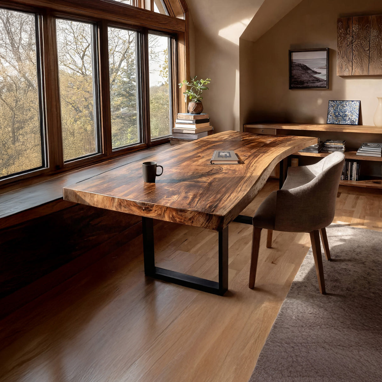 Mid Century Rustic Wooden Live Edge Desk For Home Office