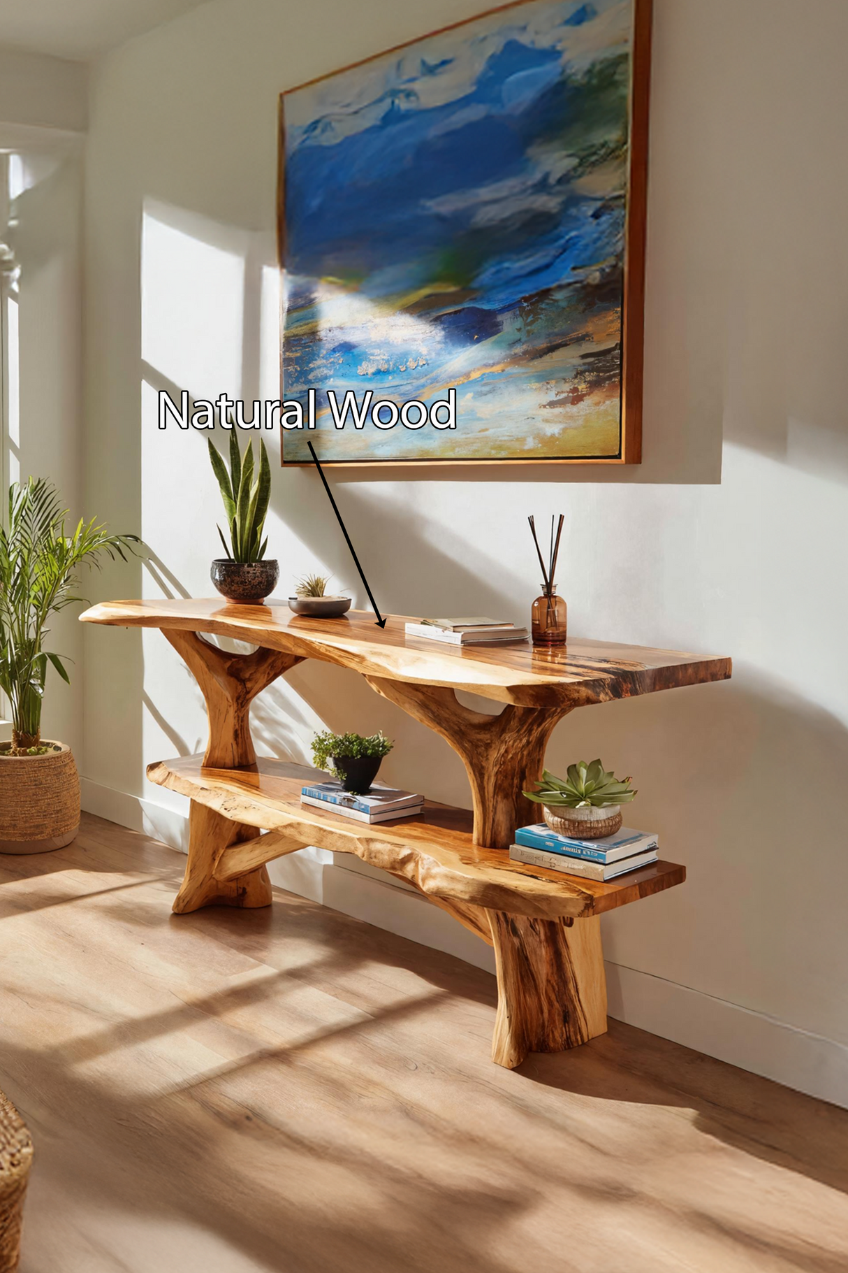 Mid Century Wooden Live Edge Console Table For Apartment Living Room