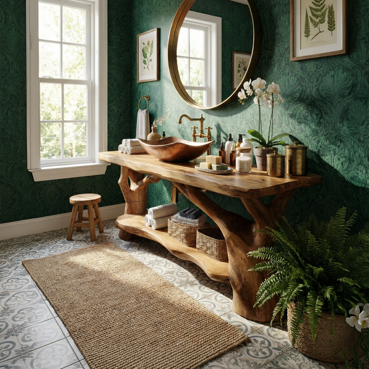 Handcrafted Solid Wood Bathroom Vanity Sculptural Design For Spa Bath