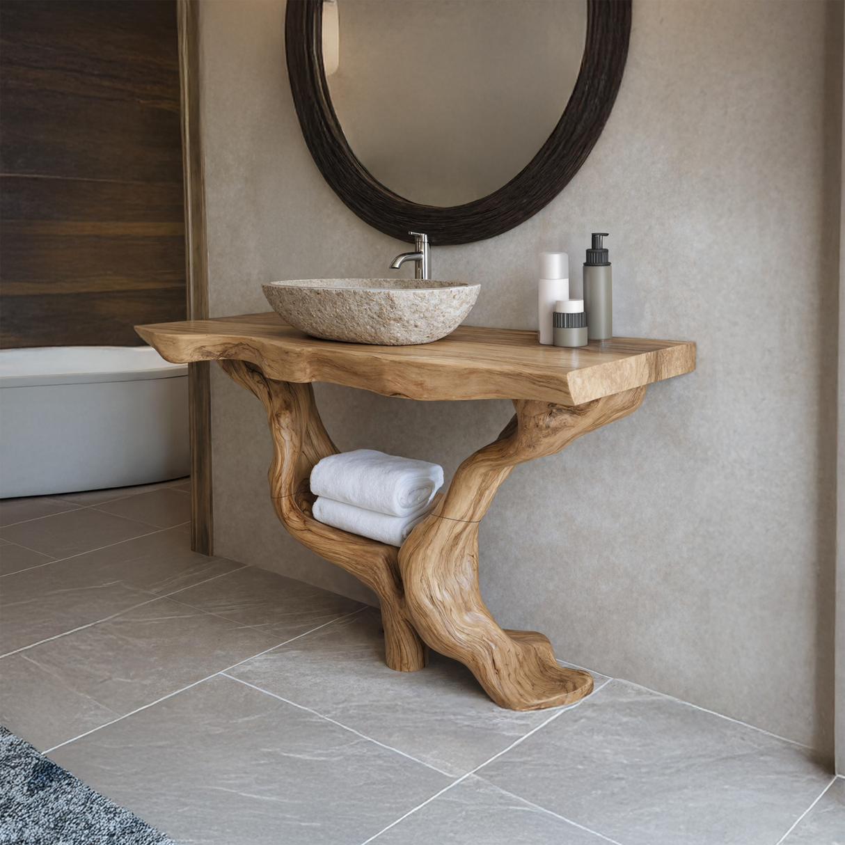 Mid Century Solid Wood Bathroom Vanity Organic Live Edge For Home Bath