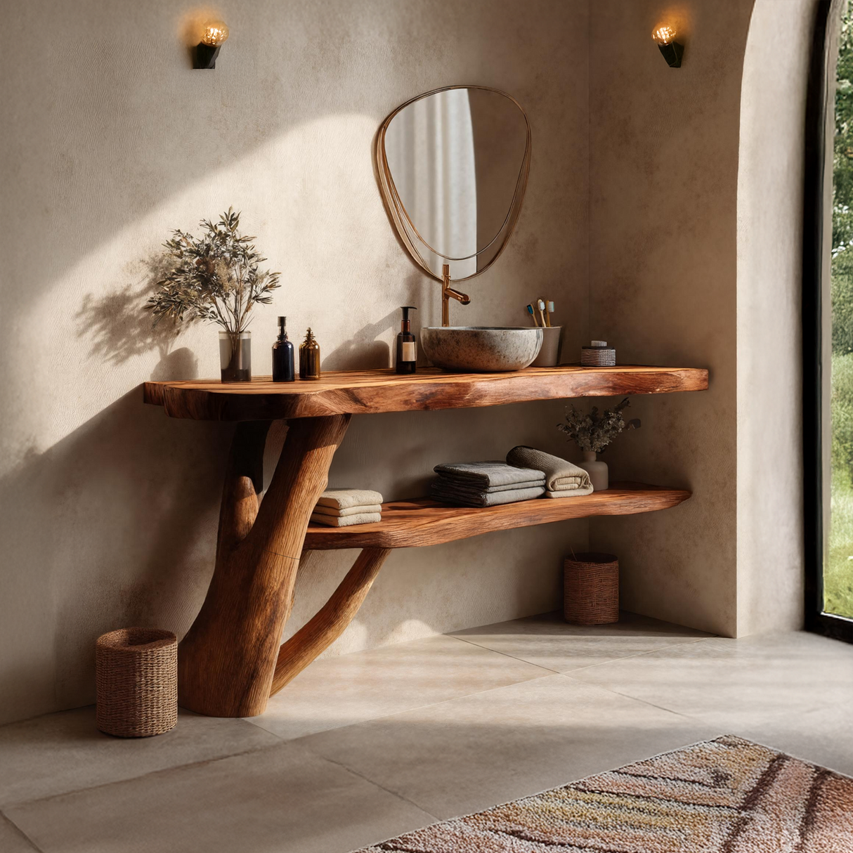 Mid Century Solid Wood Bathroom Vanity Handmade Live Edge For Bathroom