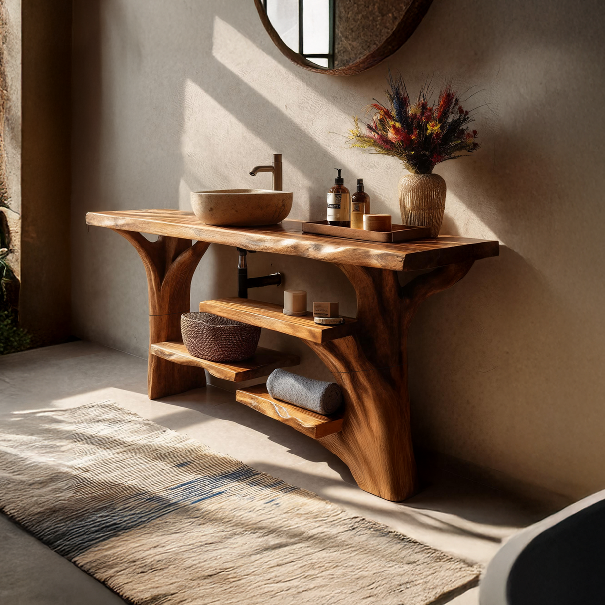 Handcrafted Solid Wood Bathroom Vanity Organic Live Edge For Spa Bathroom