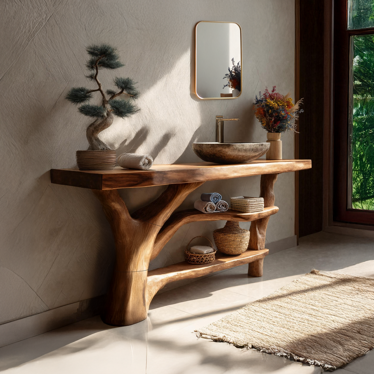 Modern Live Edge Bathroom Vanity Natural Solid Wood For Home Bath