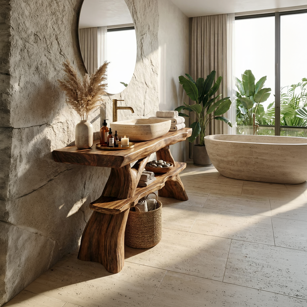 Farmhouse Solid Wood Bathroom Vanity Live Edge For Rustic Bathroom Decor