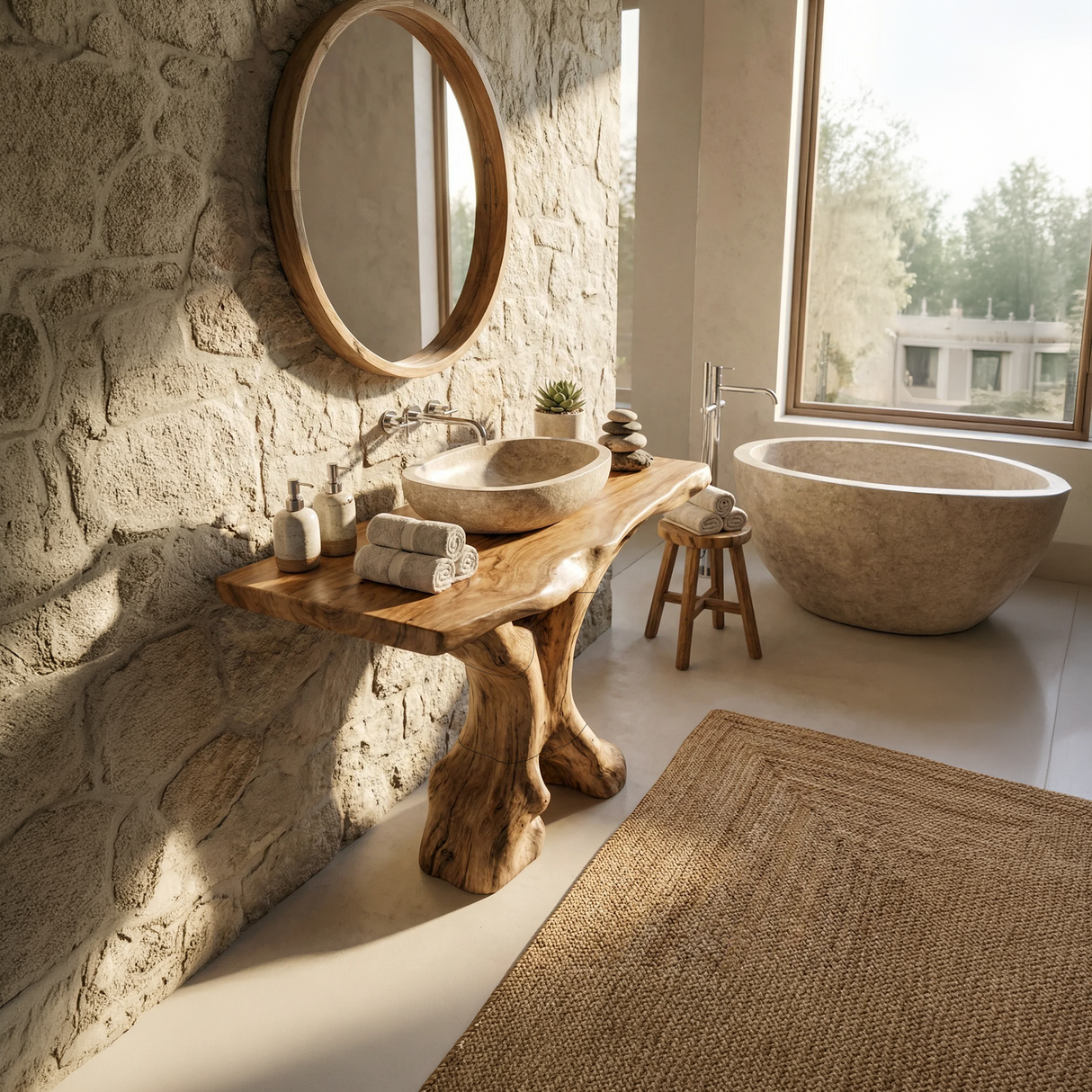 Mid Century Bathroom Vanity Solid Wood Sculptural For Luxury Bathroom