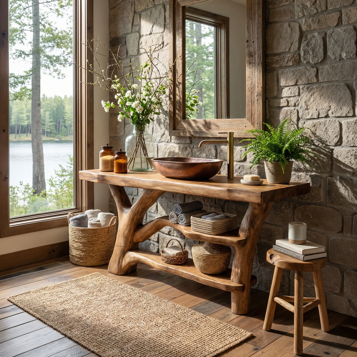 Modern Live Edge Bathroom Vanity Natural Solid Wood For Home Bath