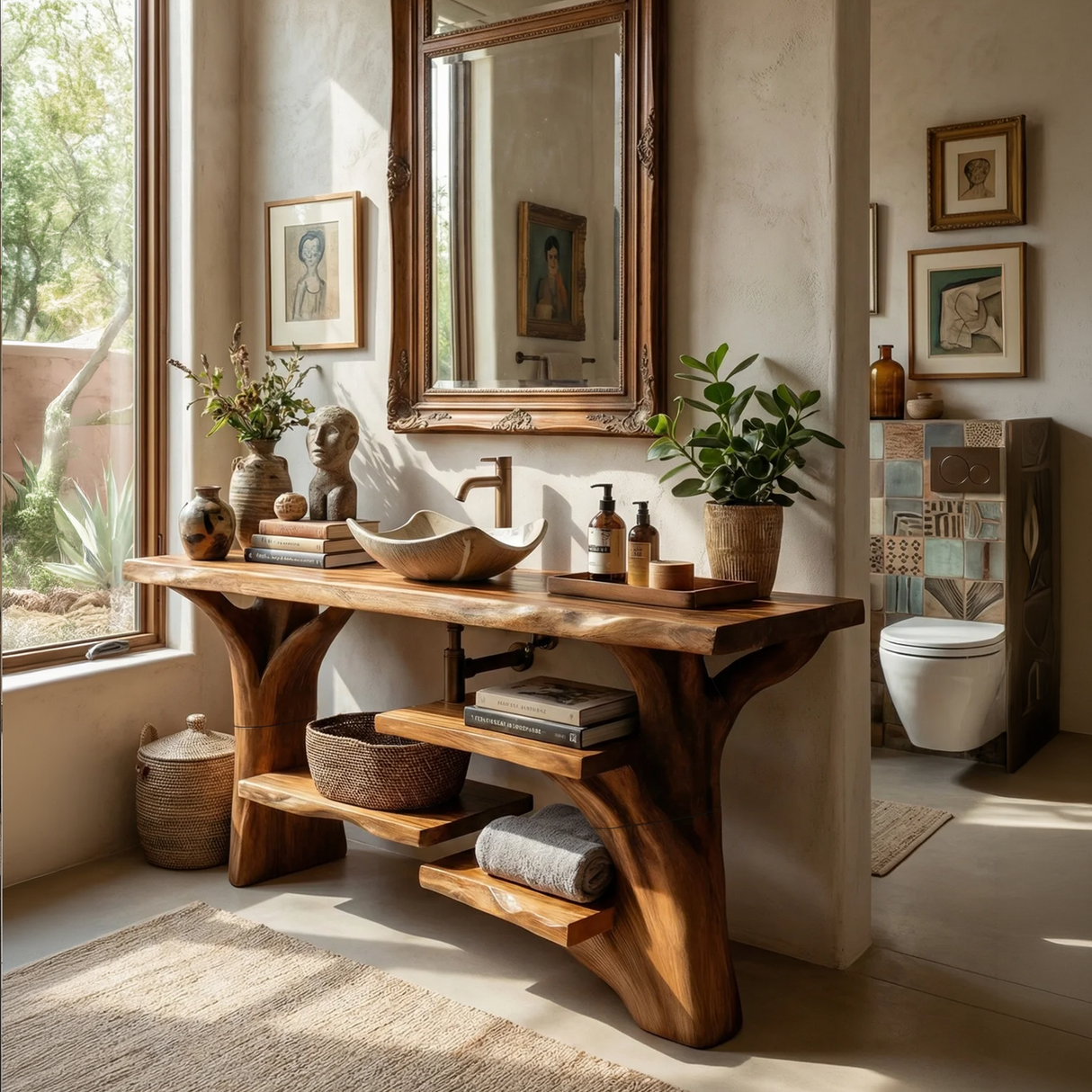 Handcrafted Solid Wood Bathroom Vanity Organic Live Edge For Spa Bathroom