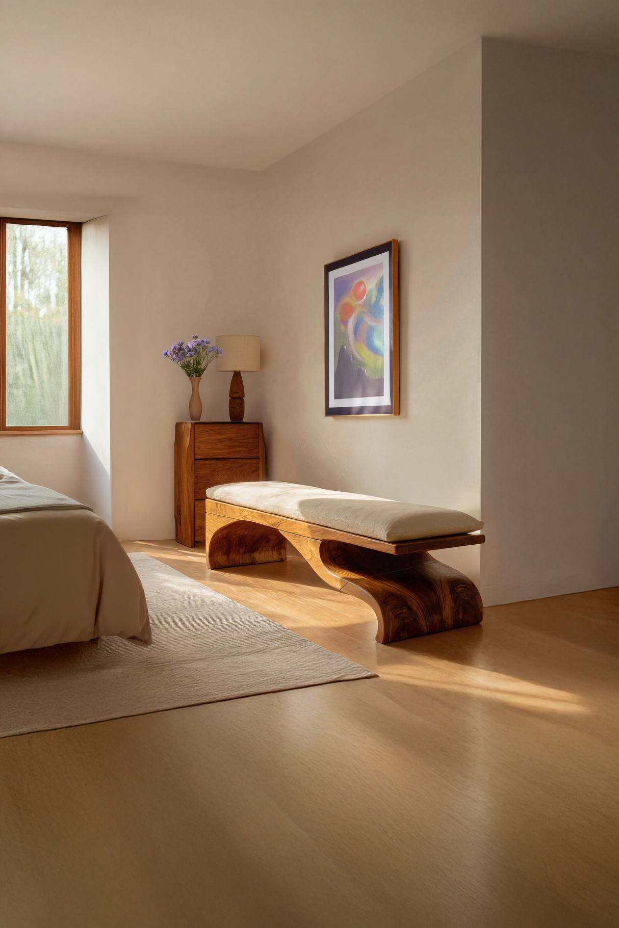 Modern Sculptural Wooden Bench For Bedroom Decor