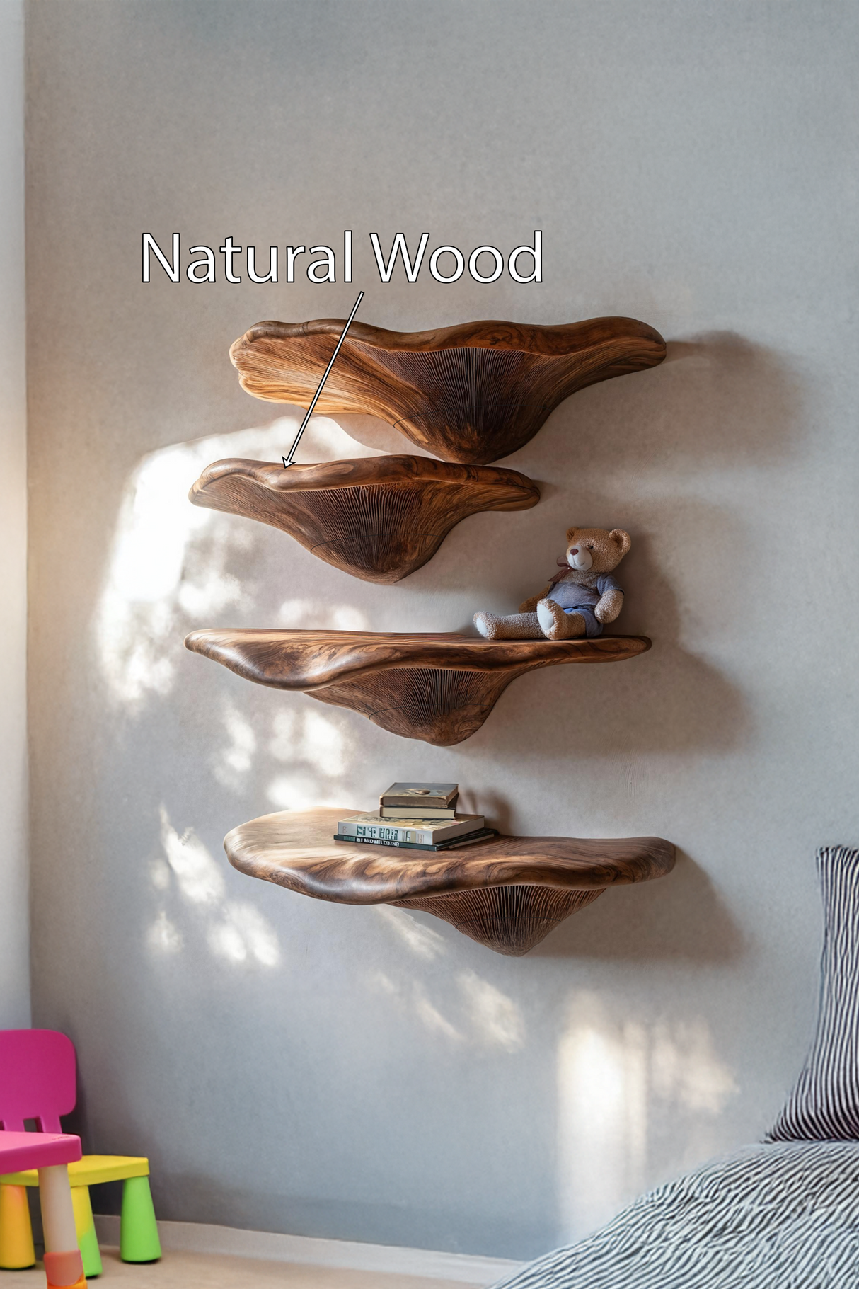 Mid Century Solid Wood Mushroom Shelf For Living Room Wall Decor