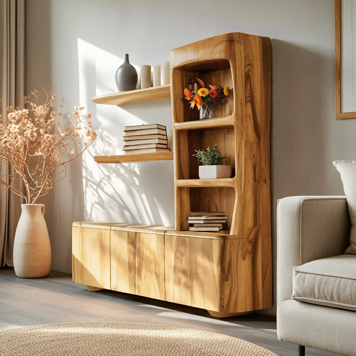 Modern Sculptural Bookshelf Cabinet For Living Room