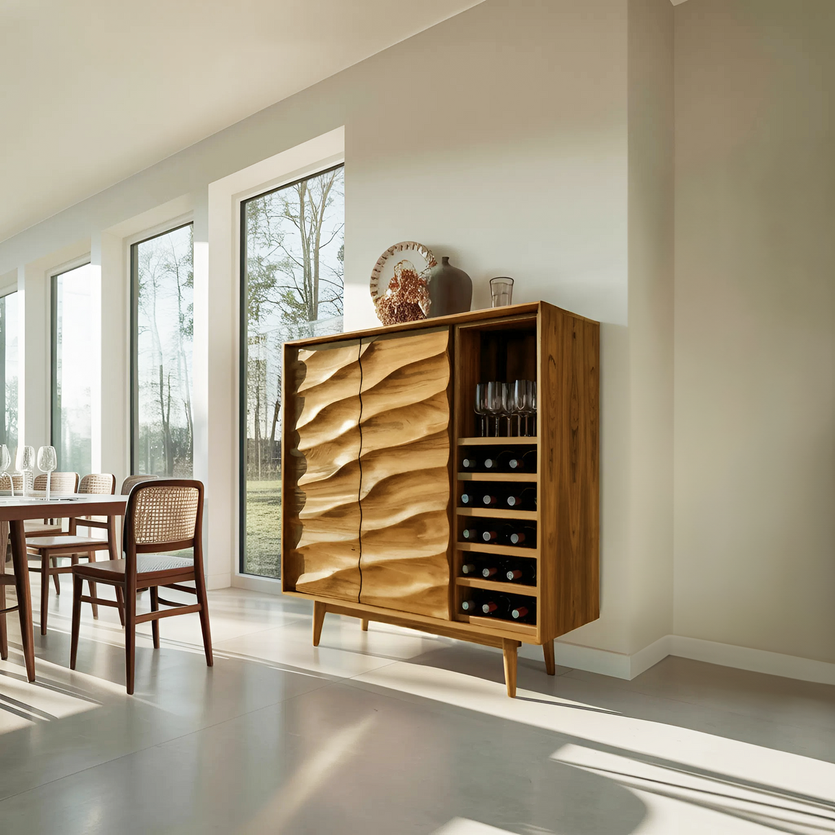 Modern Wine Cabinet With Wave Carved Doors For Kitchen Area