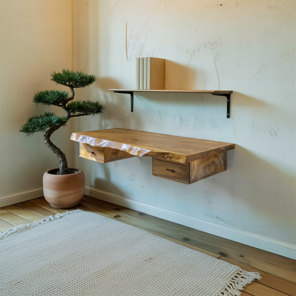 Floating Live Edge Desk With 2 Drawers For Home Office