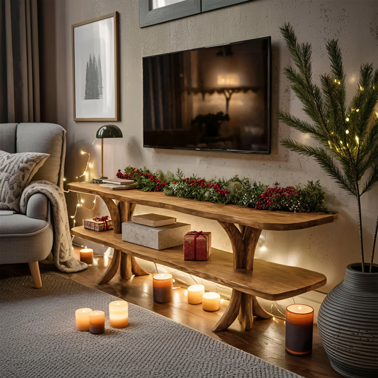 Mid Century Wooden Live Edge TV Console For Christmas Living Room Decor