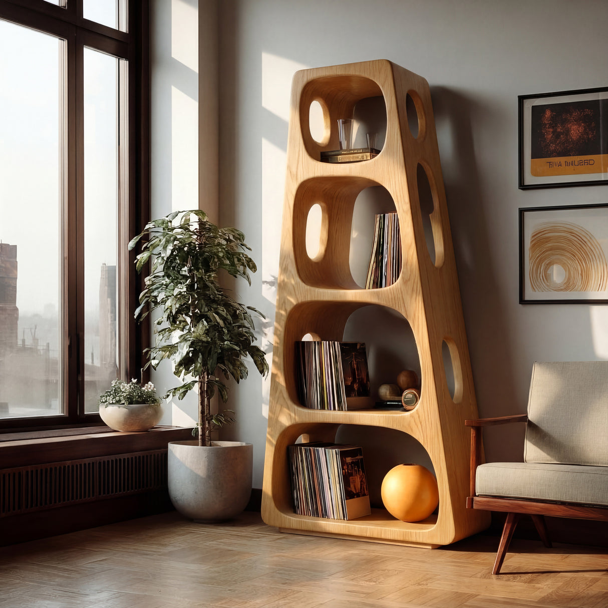 Mid Century Wooden Standing Shelf For Living Room