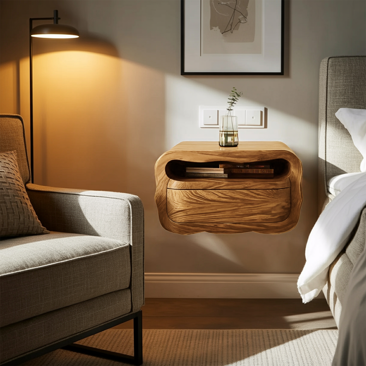 Modern Floating Nightstand With Soft Curves For Bedroom