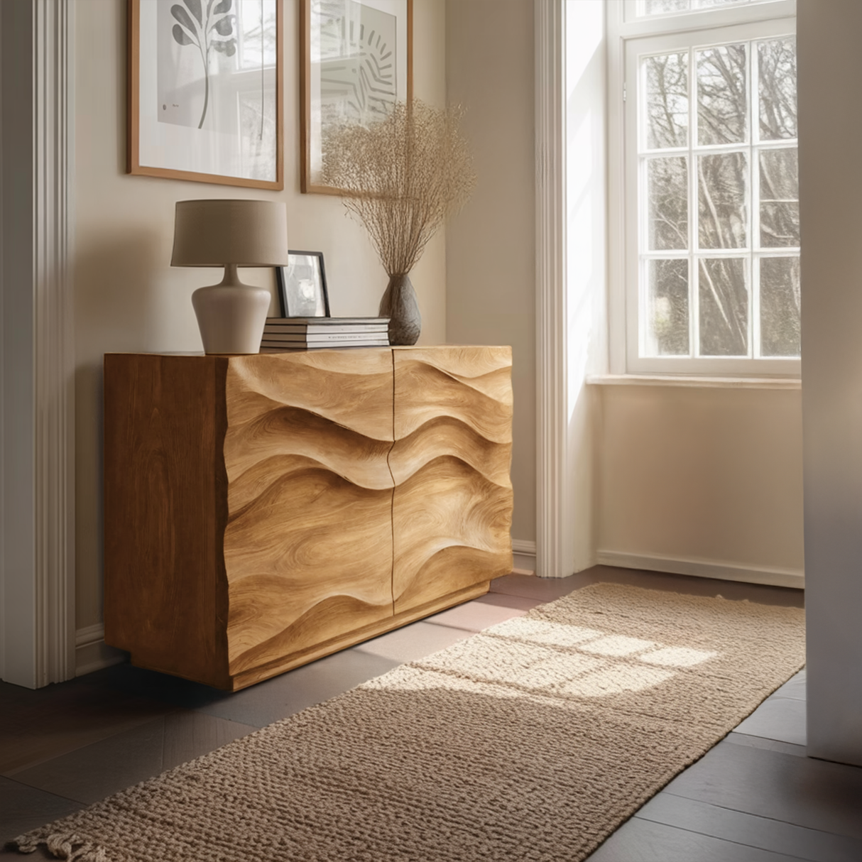 Contemporary Sideboard Sculptural Carved For Living Room