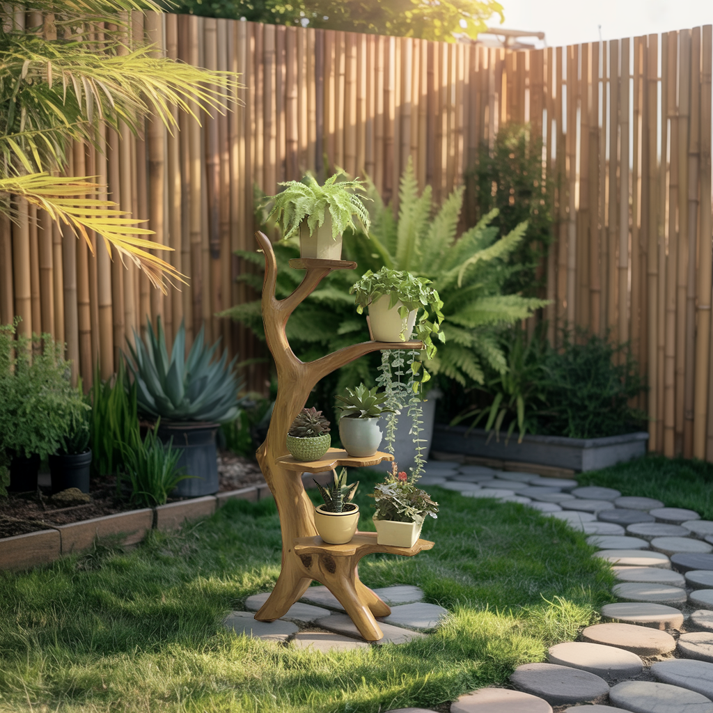 Organic Tree Branch Plant Stand For Garden And Patio Use