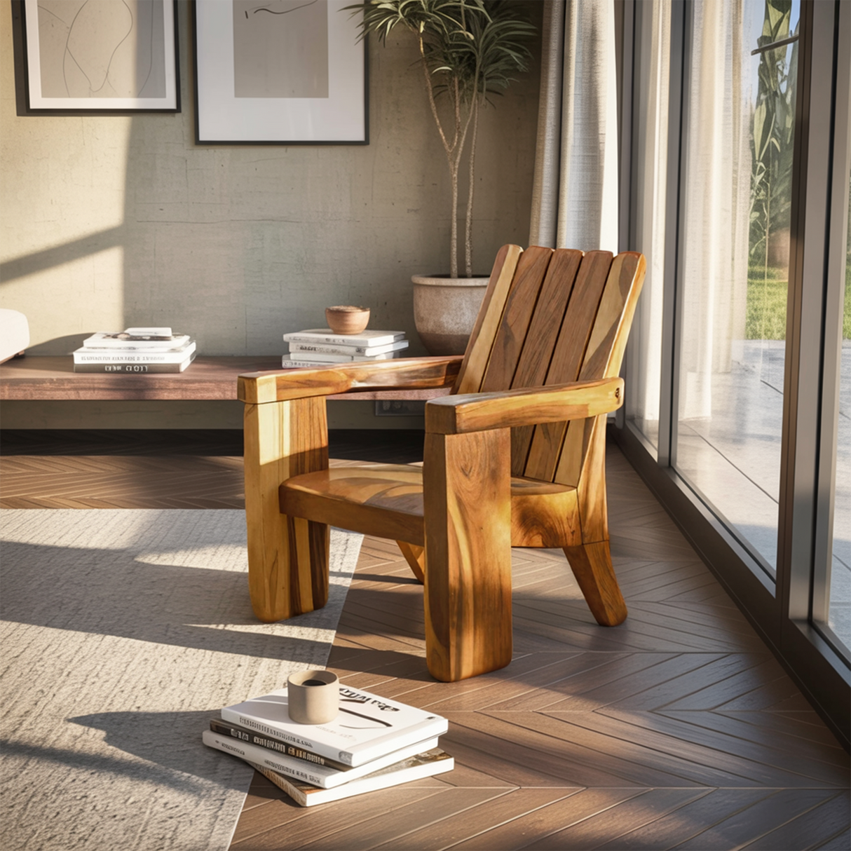 Rustic Outdoor Wooden Lounge Chair With Armrests For Garden Or Porch