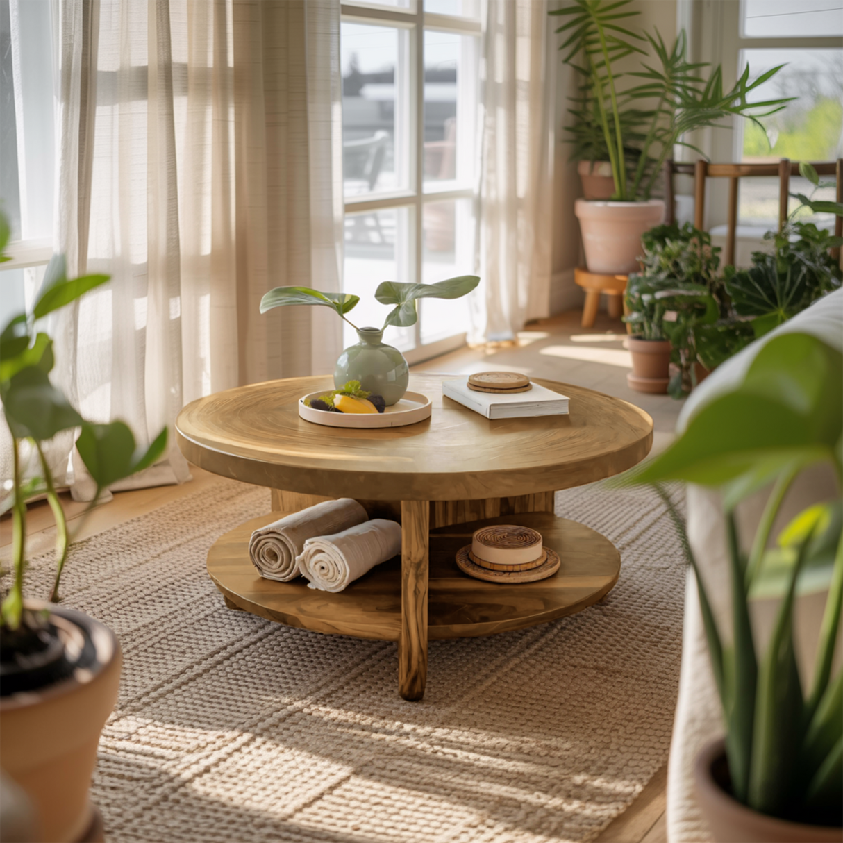 Tropical Round Coffee Table With Shelf For Coastal Living Room And Lounge