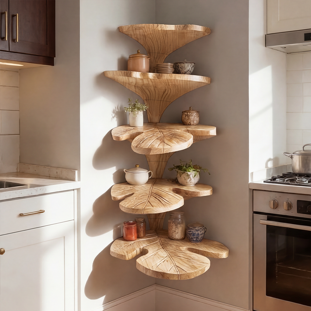 Rustic Leaf Corner Shelf Living Room Wall Decor Display