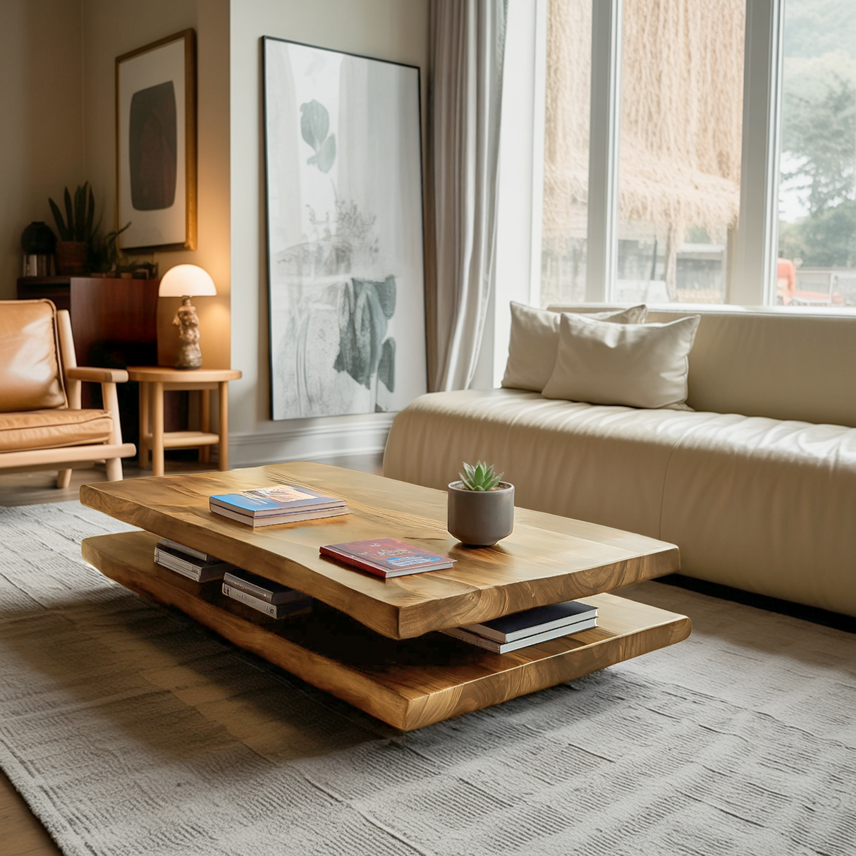 Elegant Wooden Coffee Table Two Layers For Living Room