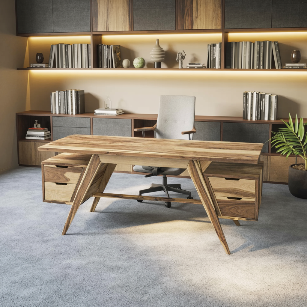 Modern Executive Wooden Desk With Angled Legs And Drawers For Home Office