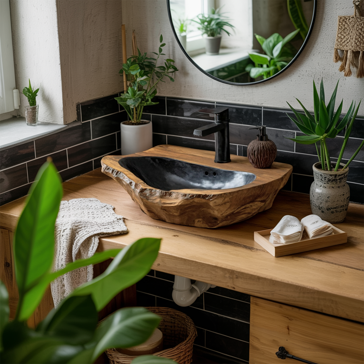 Mid Century Handcrafted Wood Wash Basin For Bathroom Decor