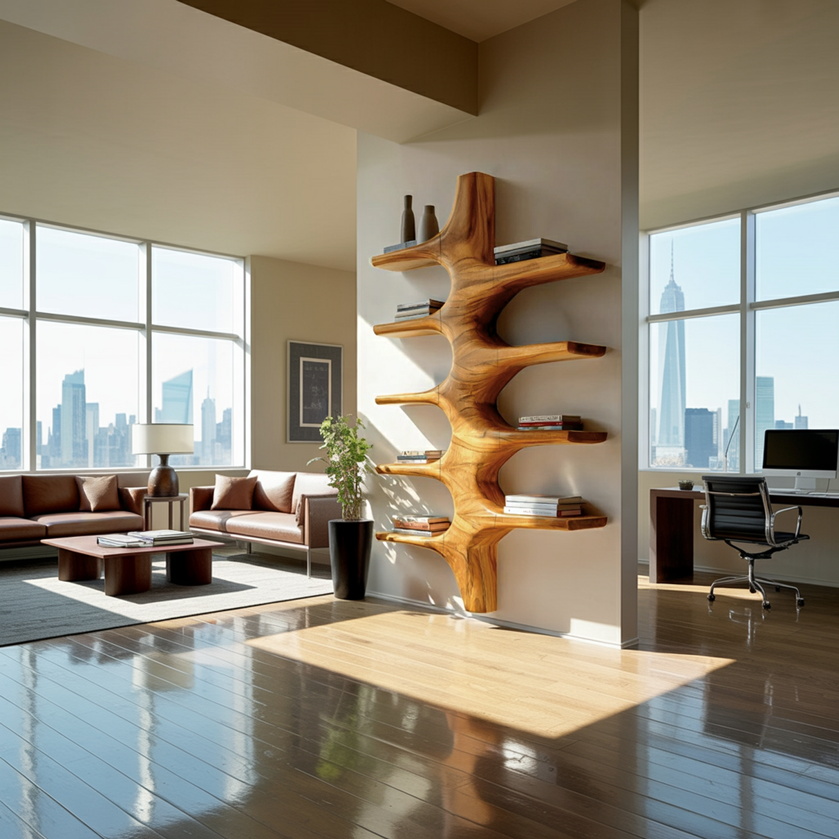 Sculptural Wood Wall Mounted Bookshelf For Modern Living Room