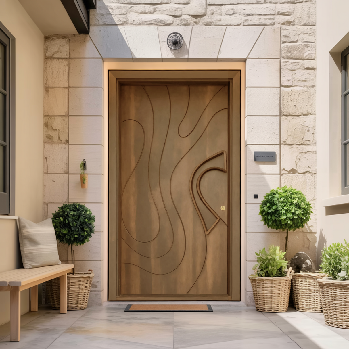 Modern Sculpted Door With Abstract Carving For Entryway And Contemporary Exterior