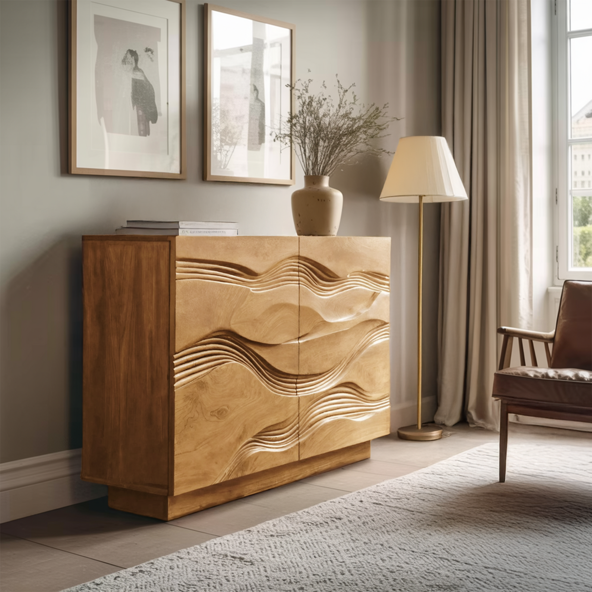 Organic Storage Cabinet Hand Carved Wave Pattern For Home Decor