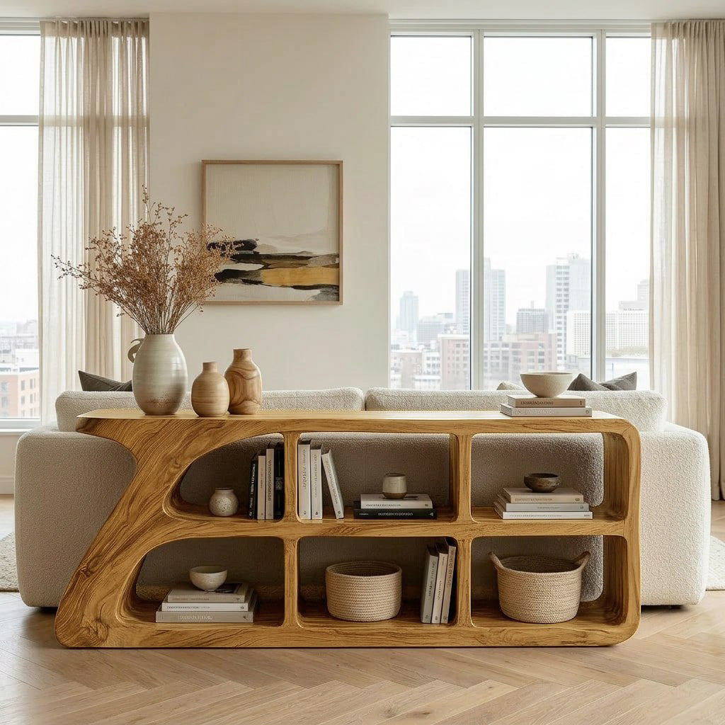 Organic Wood Console Table With Cubby Storage For Living Room