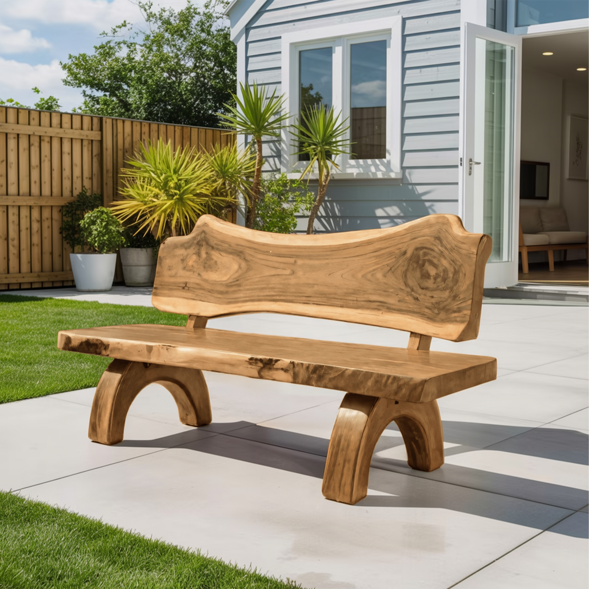 Rustic Live Edge Bench With Backrest For Patio Garden Courtyard