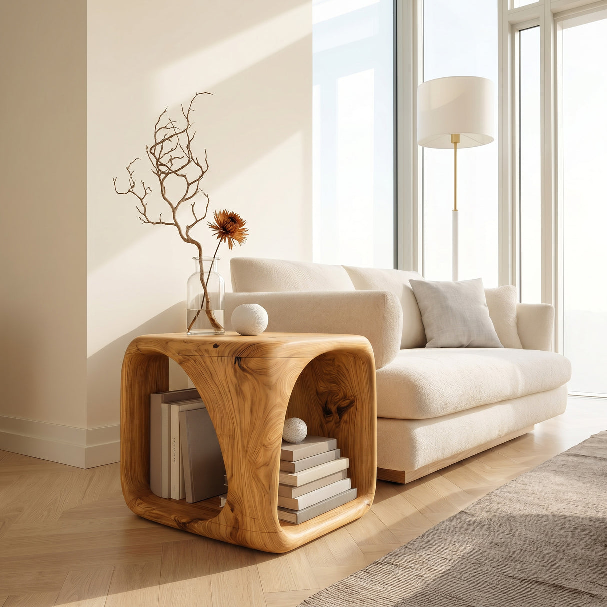 Modern Wooden Side Table With Sculptural Hollow Form For Living Room