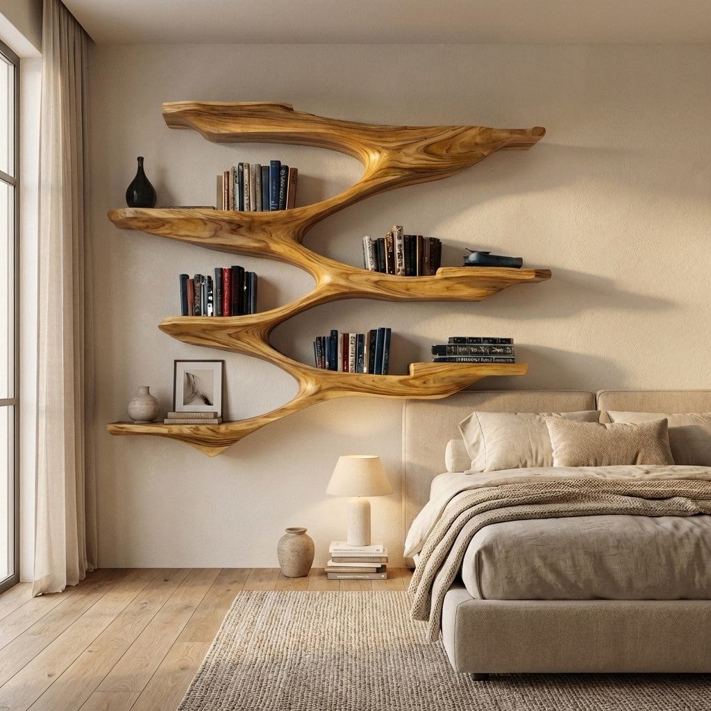 Mid Century Wooden Wall Shelf For Living Room Space