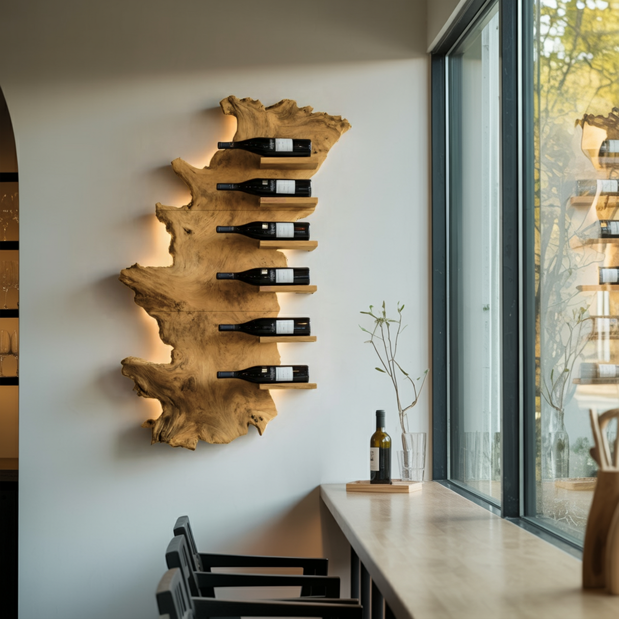 Handcrafted Wooden Live Edge Wine Holder For Bar Display Art