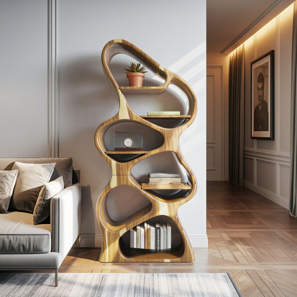 Modern Sculptural Bookshelf With Flowing Shelves For Home Library And Living Room