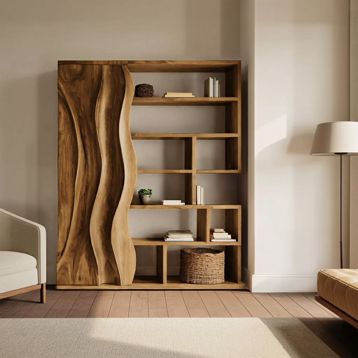 Modern Bookshelf With Wave Door For Home Decor